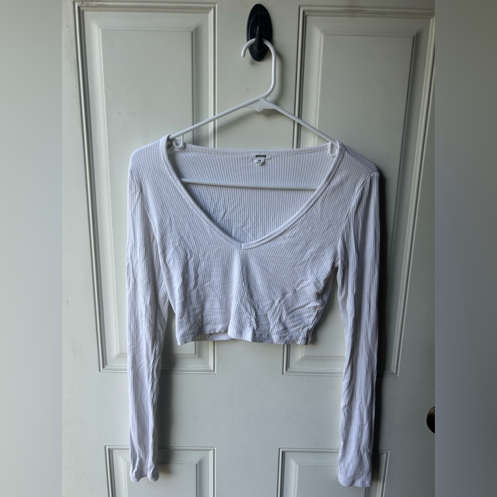 Garage White Ribbed V-Neck Crop Top